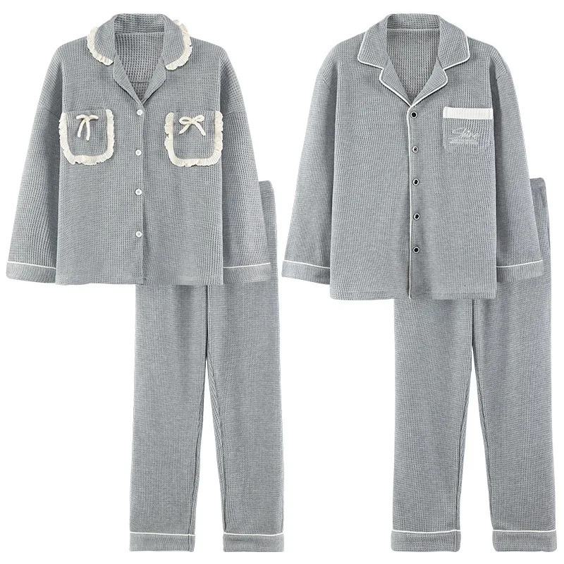 Autumn Winter Mens Waffle Pajama Set Long Sleeve Trousers Plus Size 3XL Loosefit Casual Couple Home Clothes Women Loungewear 241111