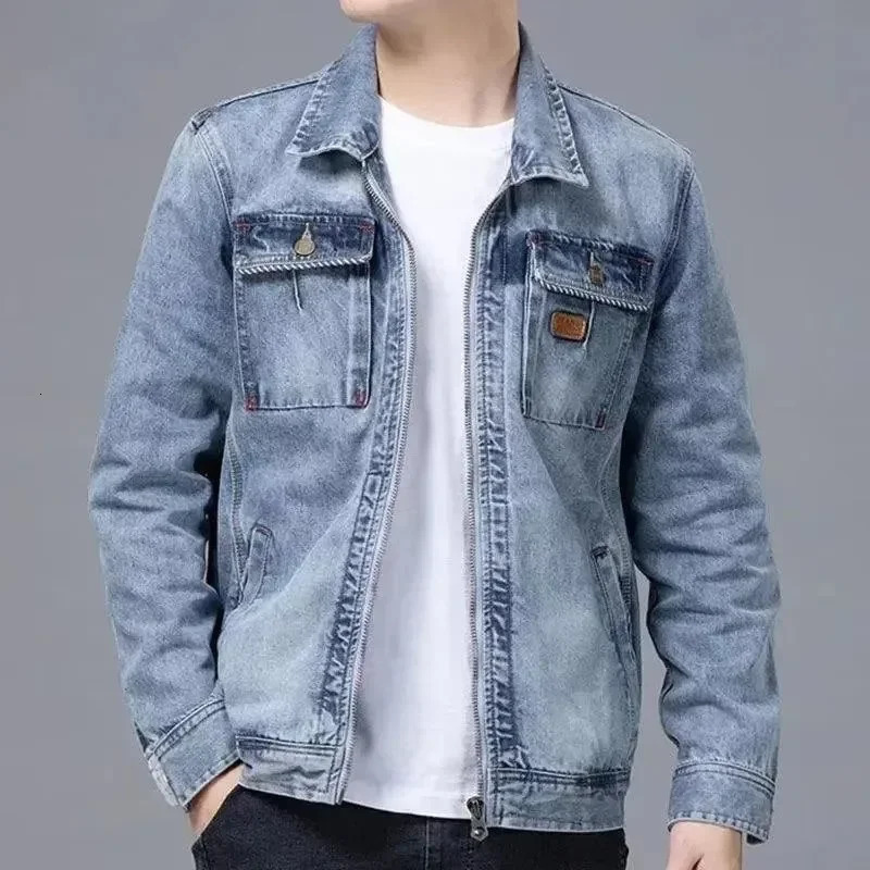 Mens denim paired with a one-piece jacket 241108
