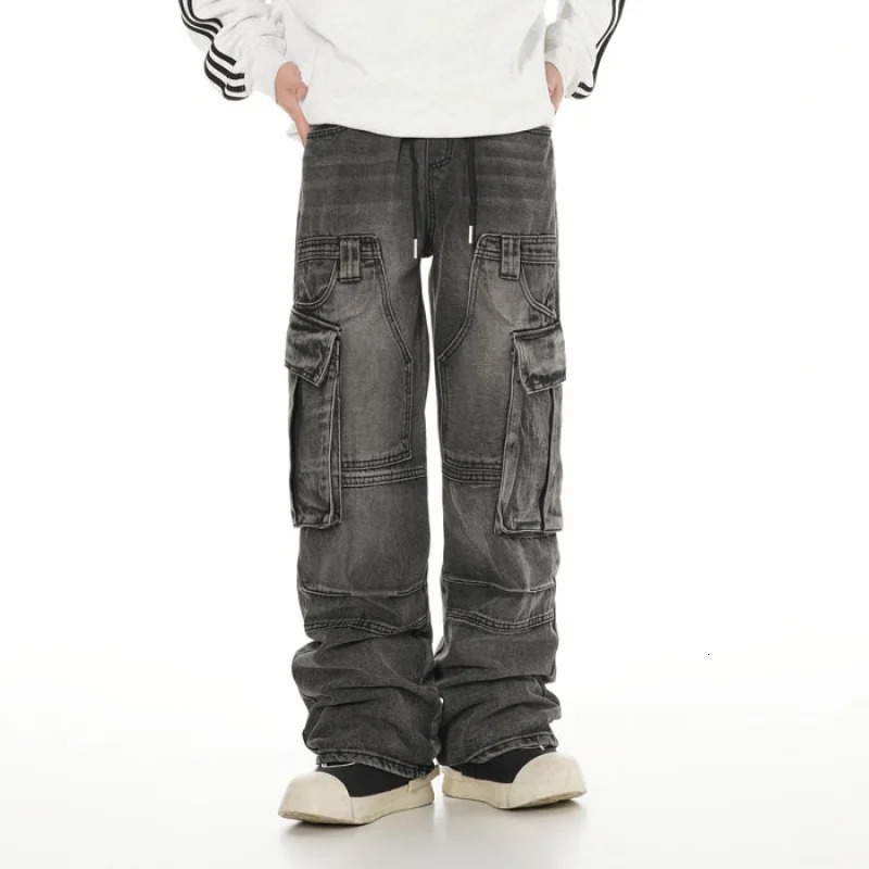 Y2K street pants Korean loose jeans elastic waist black gray washed several generations of mens work pants 241108