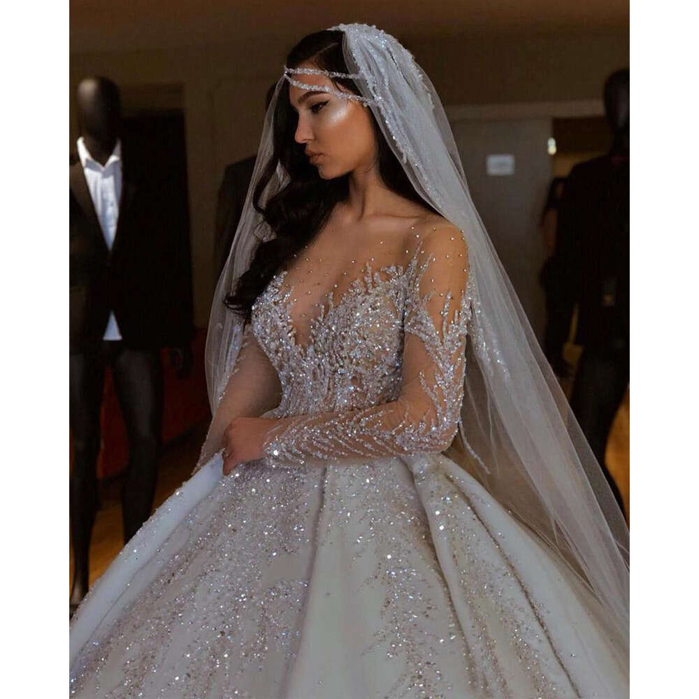 Exquisite Sweetheart Beading Sequined Wedding White Fashion Long Sleeves Pearls Floor Length Court Train Chic Bride Dress