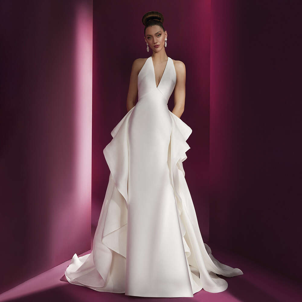 Gorgeous Halter Solid Wedding Fashion V-neck Ruched Mermaid Gowns with Detachable Tail Elegant Sweep Train Bride Dress