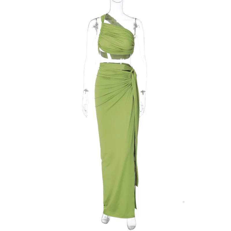 Autumn Winter One Shoulder Backless Crop Top Tanks and Long Split Skirt Two Piece Matching Sets Women Sexy Club Party Outfits 240329