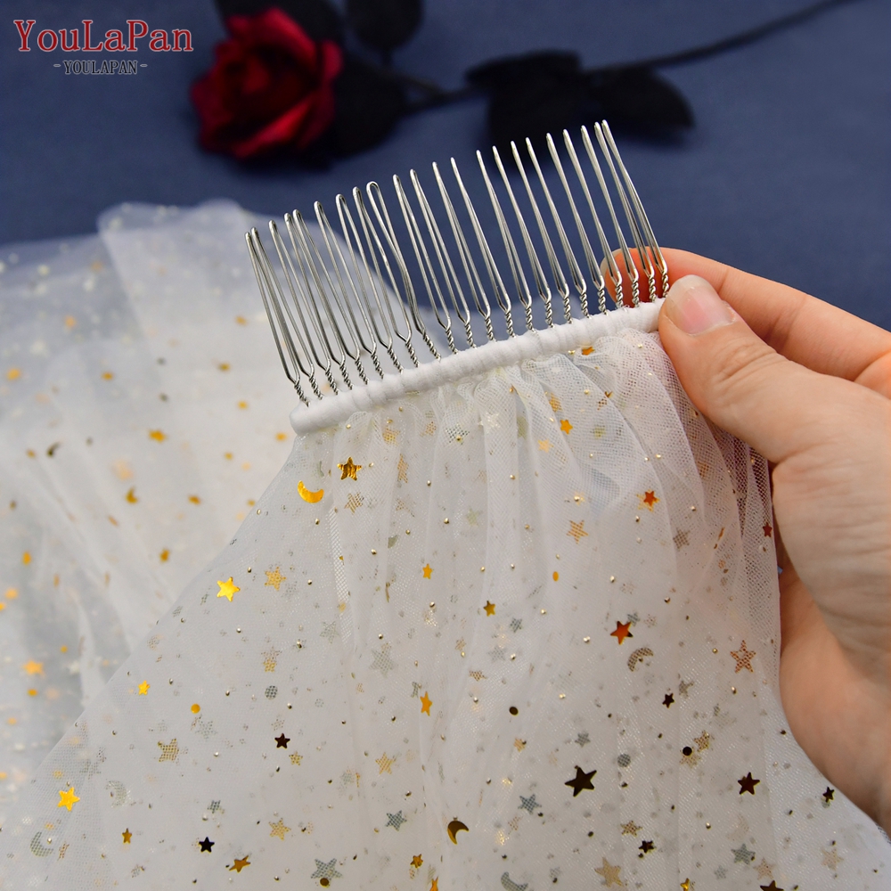 YouLaPan Sparkly Gold Star Draped Wedding Veil Sheer Long Bridal Veils with Comb Long Cathedral Wedding Veil for Bride V184