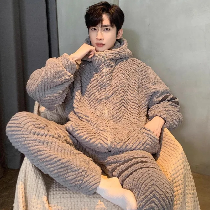 Antistatic Coral Fleece Mens Winter Pajamas Set Thicken Flannel Warm Sleepwear Big Size 3XL Zipper Soft Pajama Men pyjama homme 241111