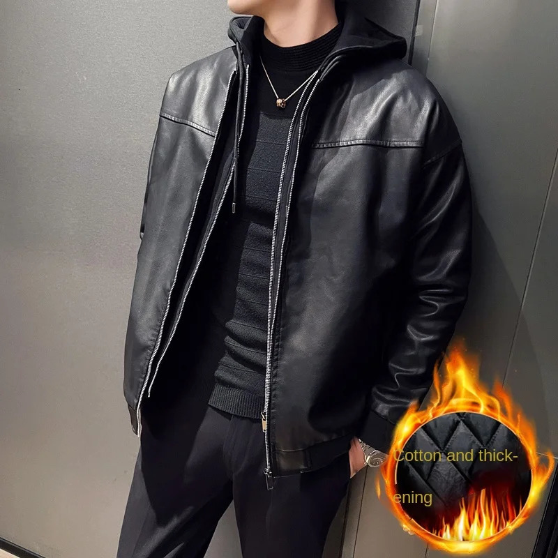 Man Fake Two Motorcycle Leather Jackets Fashion Hooded Jacket Fabric Soft Version Loose 241108