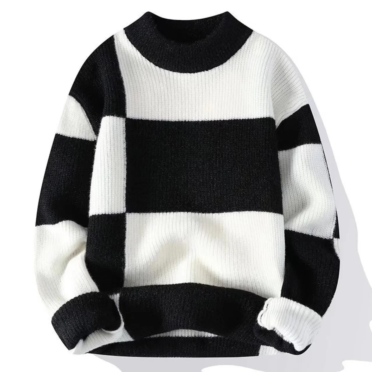 Men Sweaters Pullovers Round Neck Full Sleeve Casual Regular Knitted Tops Warm Thick Top Knit Splice Autumn Winter 241111
