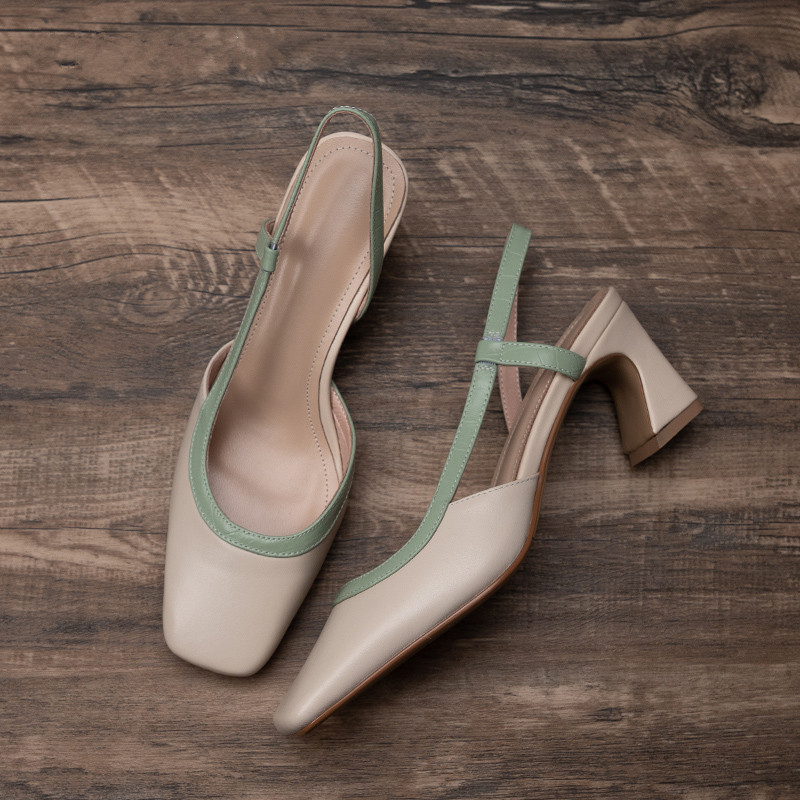 Women's Dress Shoes:Chunky Heel Square Toe Sandals Shallow High Heel Versatile Fashion Casual,Green/Brown,Free shipping