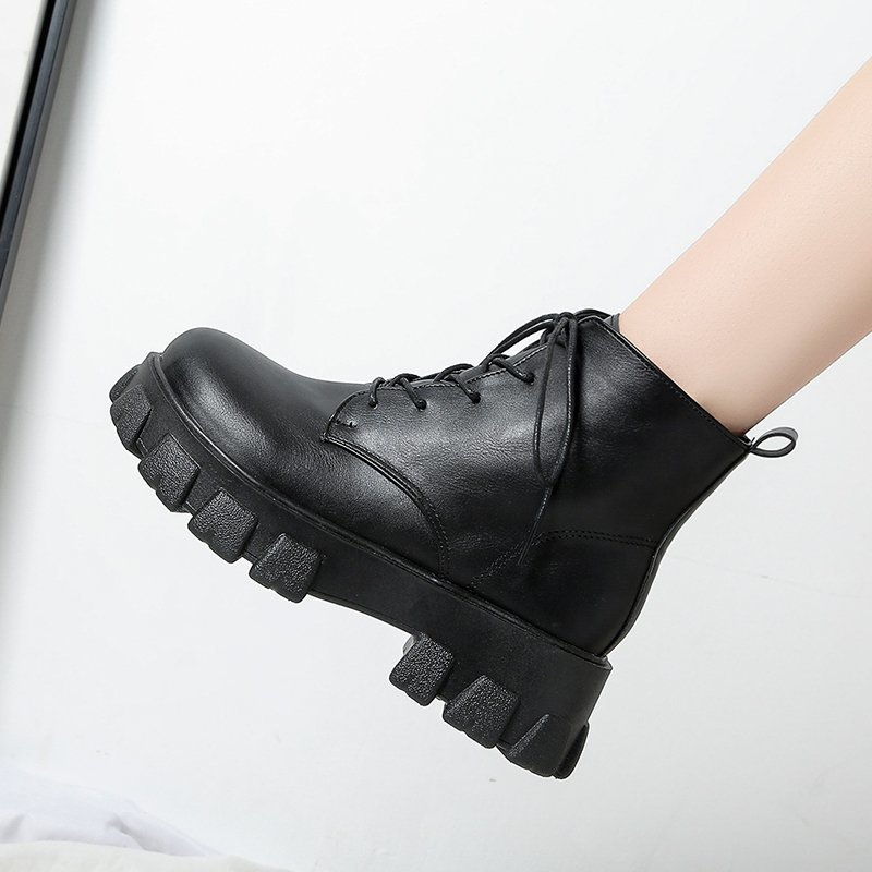 New 2022 Women Black Ankle Boots PU Leather Thick Sole Lace Up Combat Booties Female Autumn Winter Platform Shoes Woman 2e03