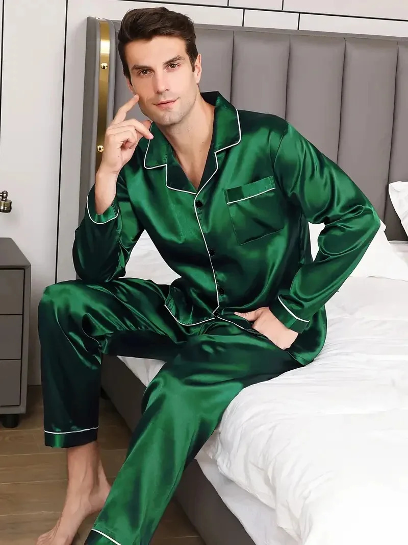 Men Pajamas Set Silk Satin Nightwear Shirt Long Sleeve Pijama Male Fashion Soft Home Suit Big Size Spring Sleepwear For Sleeping 241111