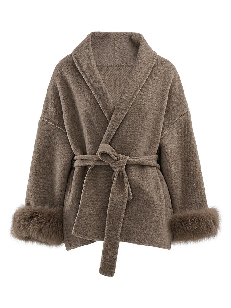 EOEN Fashion Womens Brown Wool With Notched Collar Loose Waist Belt Fury Long Short Sleeved Blended Coat Autumn/Winter 2025 Collection