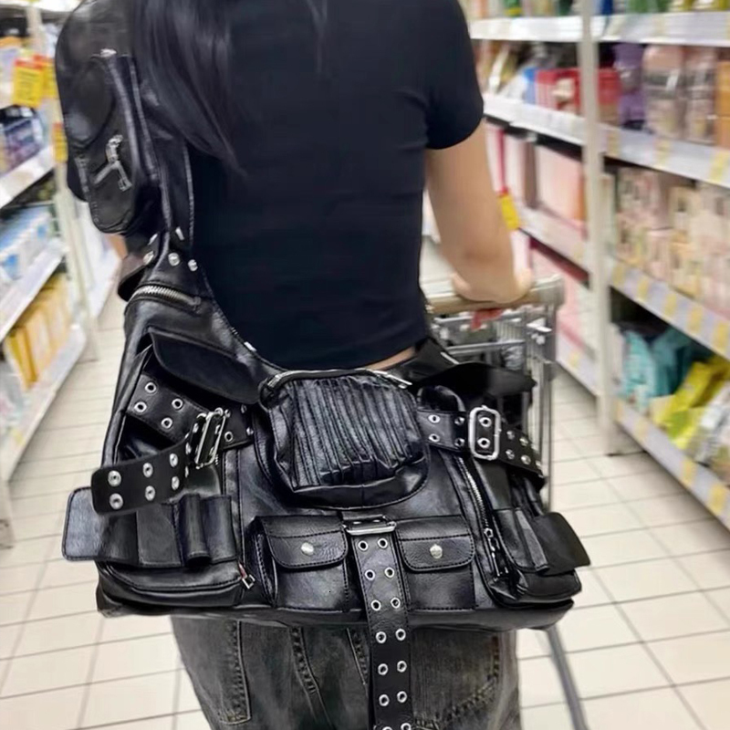 Moto Biker Bags For Women Designer Handbag And Purses 2023 New In PU Rivet Multiple Pockets Y2k Large Capacity Shoulder PU