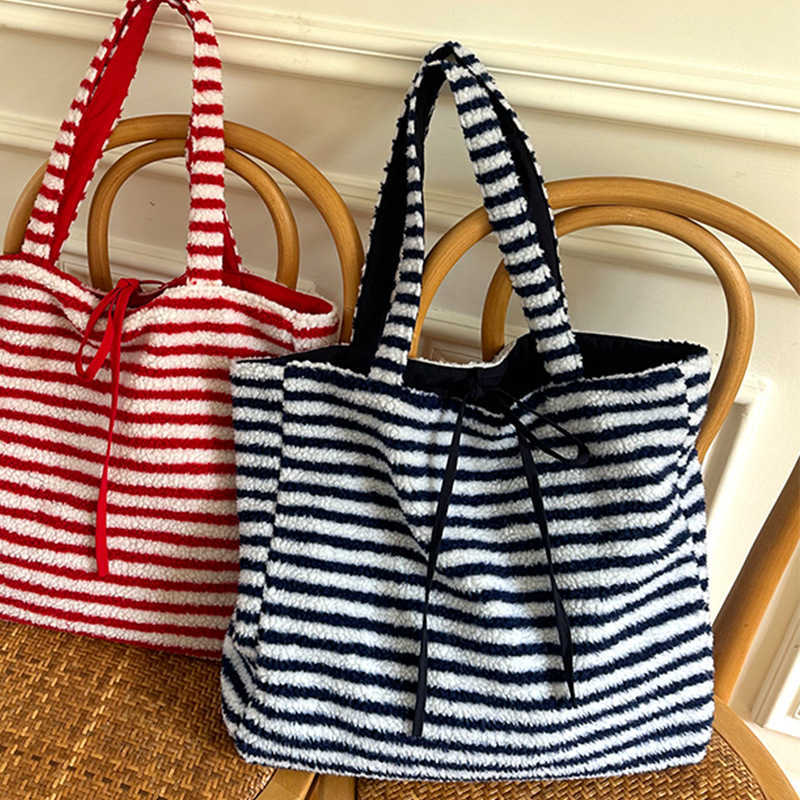 striped plush autumn winter style large capacity simple versatile reversible bag, college style 241115