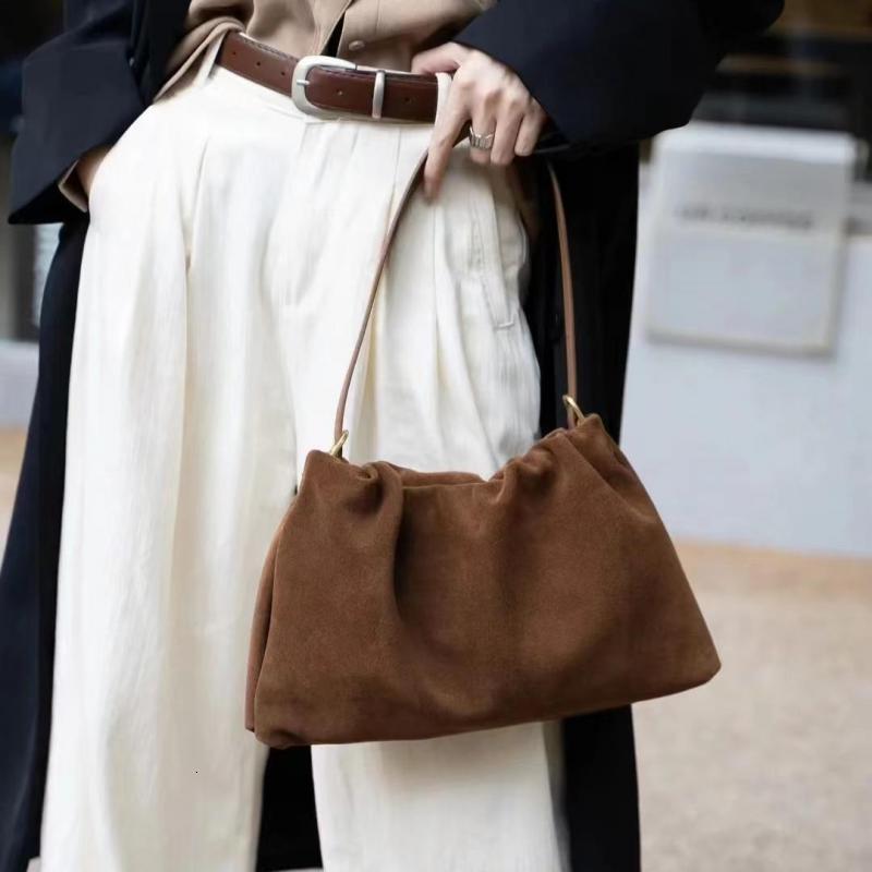 Frosted Suede Cloud Tote For Women Simple All-In-One Corset Drawstring Fashion Single Shoulder Crossbody Bag Genuine Leather Vintage Style Bagvoyage