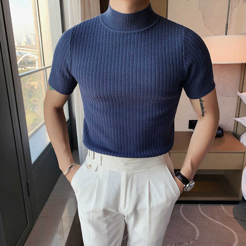 2023 Summer New Knitted Short Sleeve Men's T-shirts Slim Fit Pullover Round Neck Solid Color Tee Hemme Harajuku Male Clothes