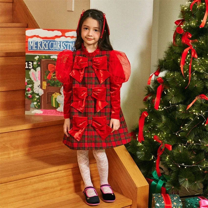 Korean Girls Kids Dress For Autumn Winter Christmas Plaid Bow Princess Party Dress Skirts Childrens Clothing Presale 241111