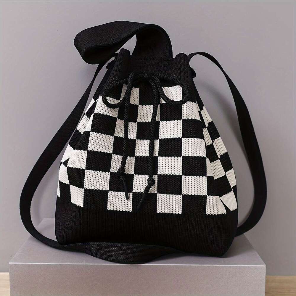 Fashion 2024 Stylish Checkerboard Knitted Shoulder Bucket Bag - Crossbody Bags with Classic Drawstring Design, Adjustable Straps, and Spacious Interio