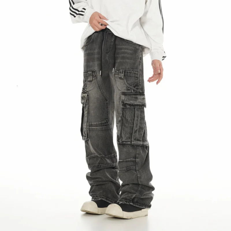 Y2K street pants Korean loose jeans elastic waist black gray washed several generations of mens work pants 241108