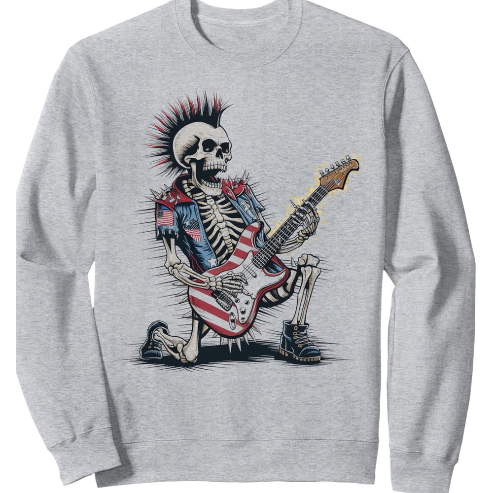 Long Sleeve Shirts for Men sweatshirt Punk Rock Skeleton Guitar USA Flag 4th Of July Gift Sweatshirt T shirt Tee Streetwear Casual tops clothes