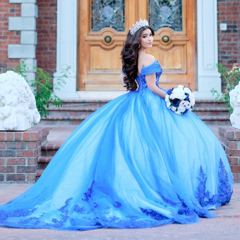 Blue Shiny Quinceanera Dresses Lace Appliques Beading Tull Off the Shoulder Princess Ball Gown For Sweet 16 Vestidos 15 De Novia