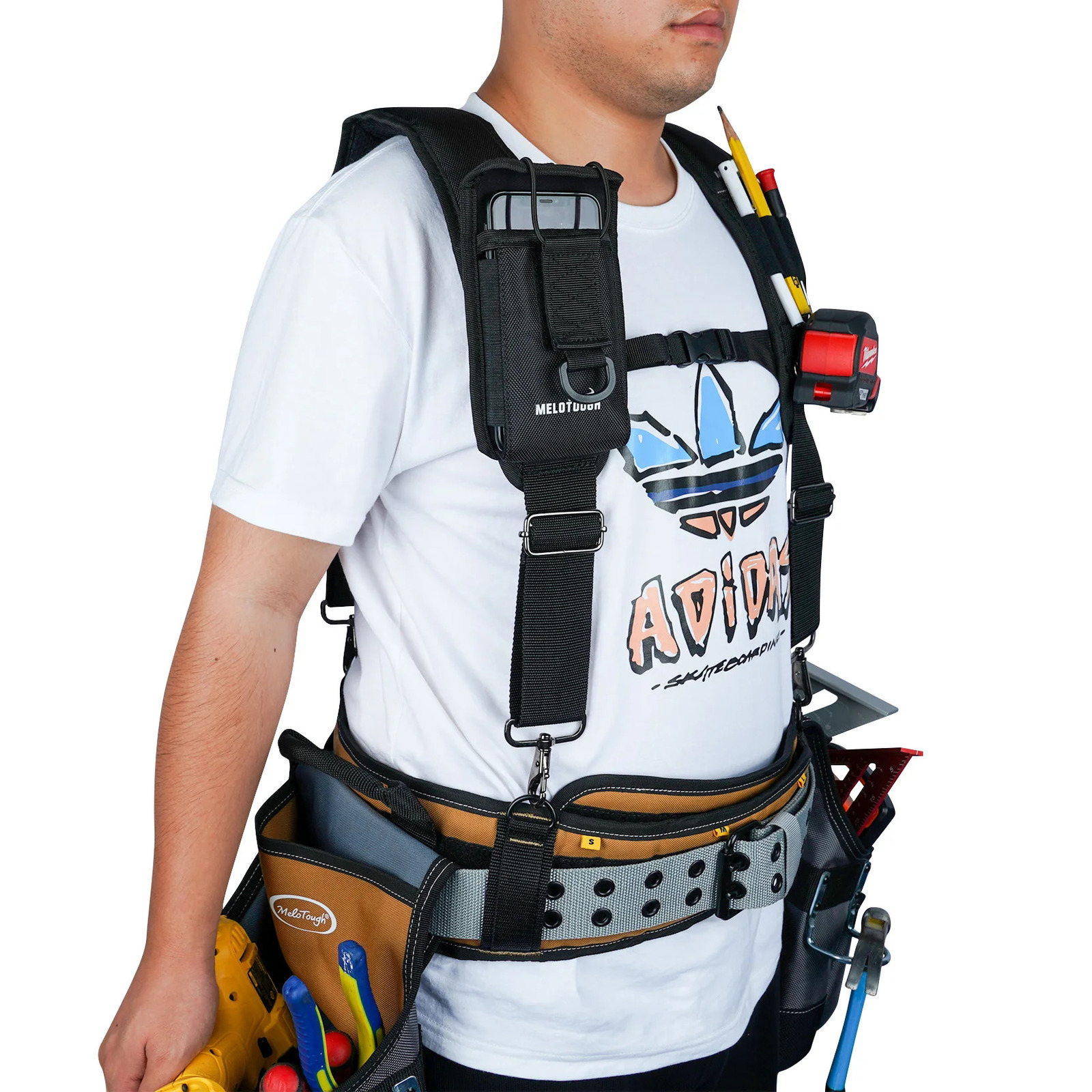 MELOTOUGH Tool Belt Suspenders Construction Work Braces For Men With Detachable Phone Holder comfortable foam shoulder padder 240401