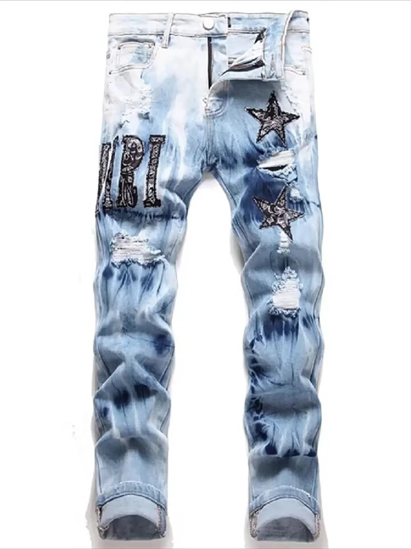 Y2K celebrity embroidered ripped jeans tie dyed light blue cotton stretch streetwear fashion mens tight denim pants 241108
