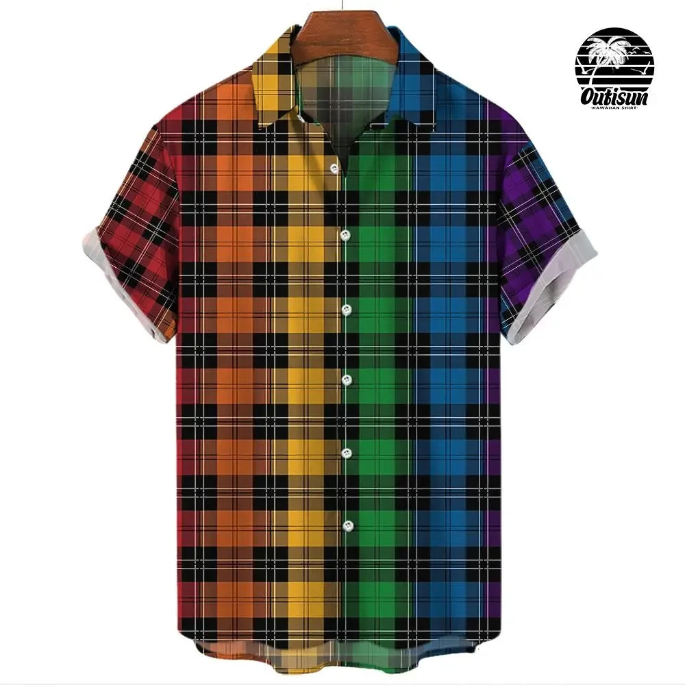 Summer fashion plaid rainbow print mens short sleeved casual shirt Pride Month party clothing street trend party excessive 241111