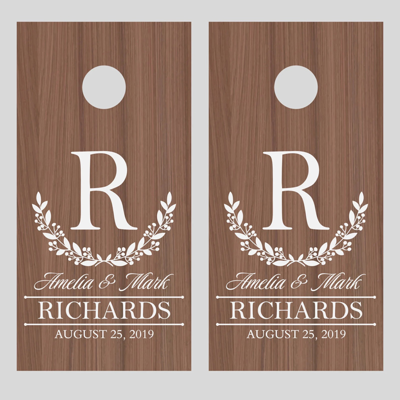 Cornhole Decals Custom Corn Hole Sticker Wreath Initial Names and Established Date Lawn Game Decals for Wedding Anniversary Z537
