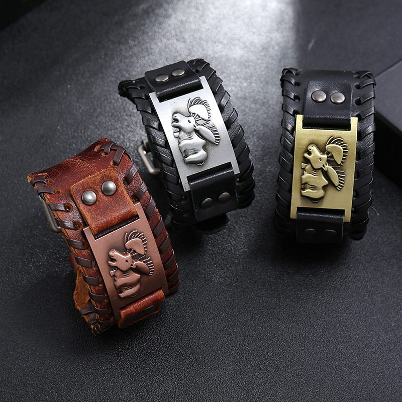 Totem Design Charm Wide Leather Bracelet Nordic Viking Rune God Deer Men's Bracelet Punk Leather Woven Accessories Party Jewelry