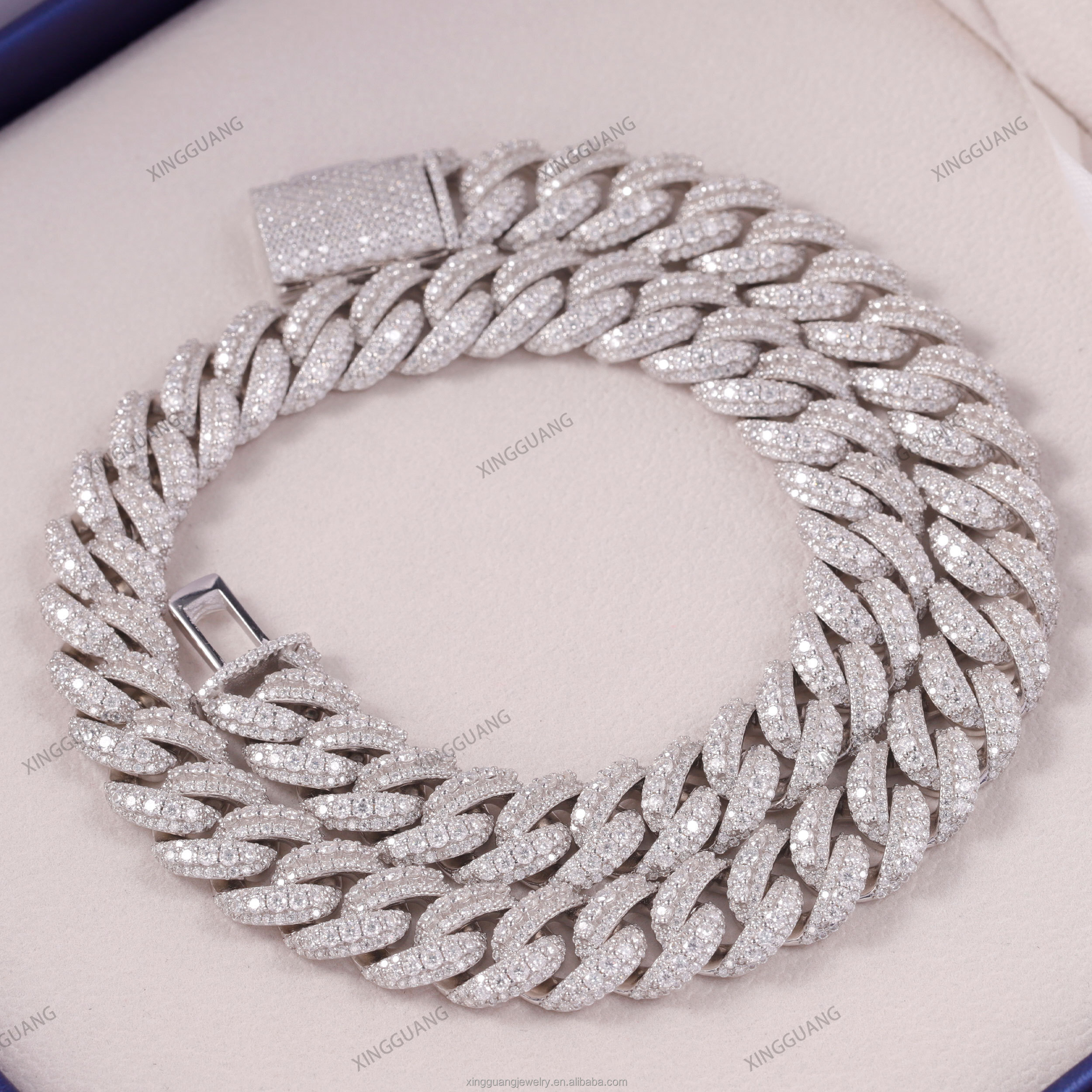 Handmade Jewelry 14mm 18mm 3row Hip Hop Necklace Sterg Sier with Round Brilliant Cut Moissanite Cuban Chain