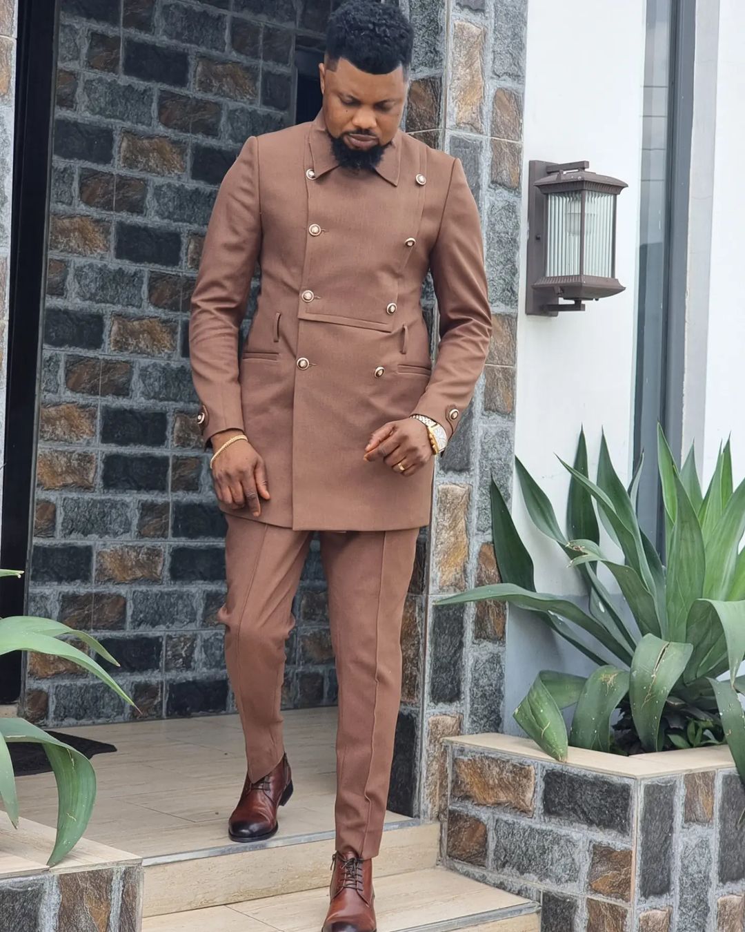 Men Suit Set Blazers For Men Brown Double Breasted Luxury Man Wedding Suit 2 Pieces Coat Pants Latest Design (Jacket+Trousers)