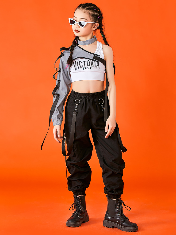 Hip Hop Dance Costumes For Kids Single Sleeve Tops Cargo Pants Kpop Outfits Girls Jazz Performance Stage Show Clothes DQS6676