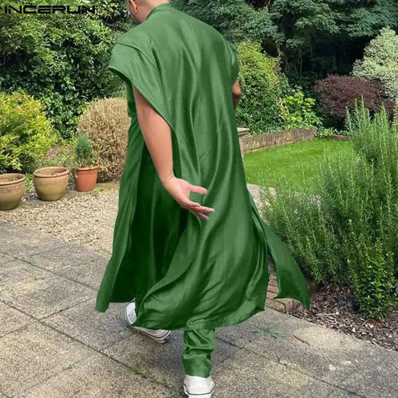 Men Sets Solid Color O-neck Sleeveless Kaftan Muslim Shirt Pants 2PCS Islamic Arabic Clothing Mens Suits S-5XL INCERUN 240402