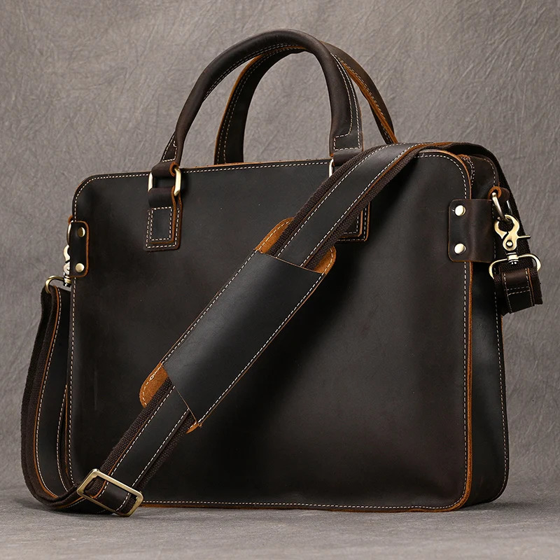 Top grade genuine leather briefcase 15 16 inch laptop business bag vintage fashion original handmade men handbags male 241029