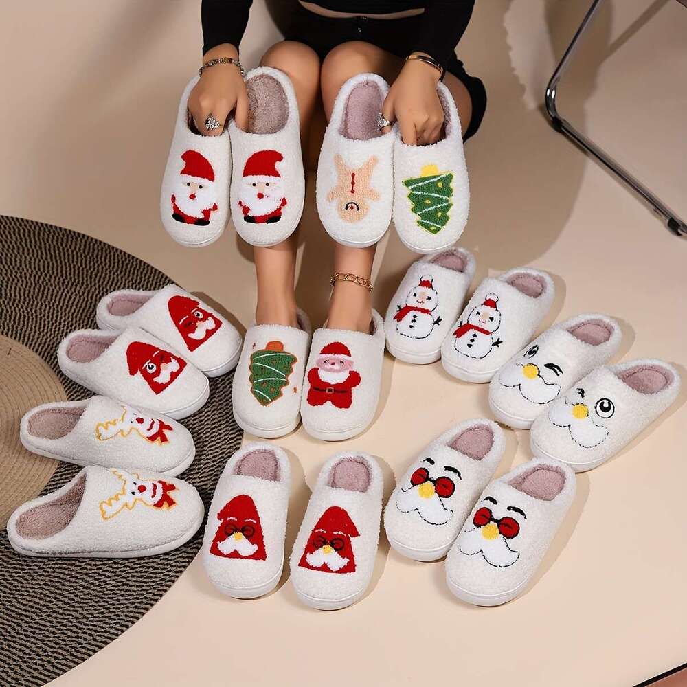 Christmas Winter Warm Closed Toe Fuzzy Christmas Tree Pattern Slippers, Cozy Soft Sole Plush Home Flat or Shoes