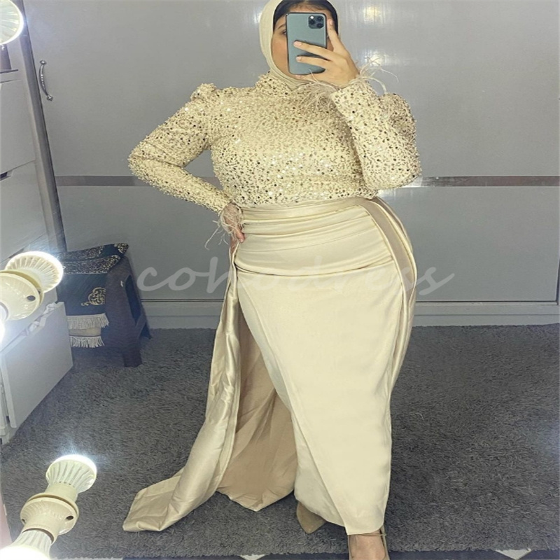 Gorgeous Champagne Evening Dress With Detachable Train Sequin Mermaid Prom Dress With Feather Long Sleeve Birthday Party Gowns Vestio De Gala Turkey
