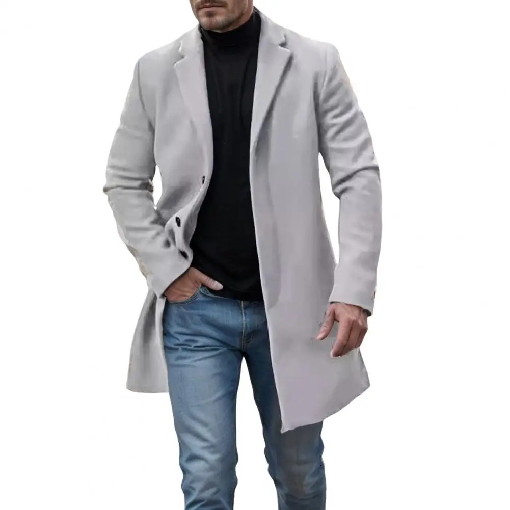 Long-sleeved Coat Stylish Mens Woolen Coat With Lapel Single-breasted Closure Solid Color Mid-length For Autumn 241111