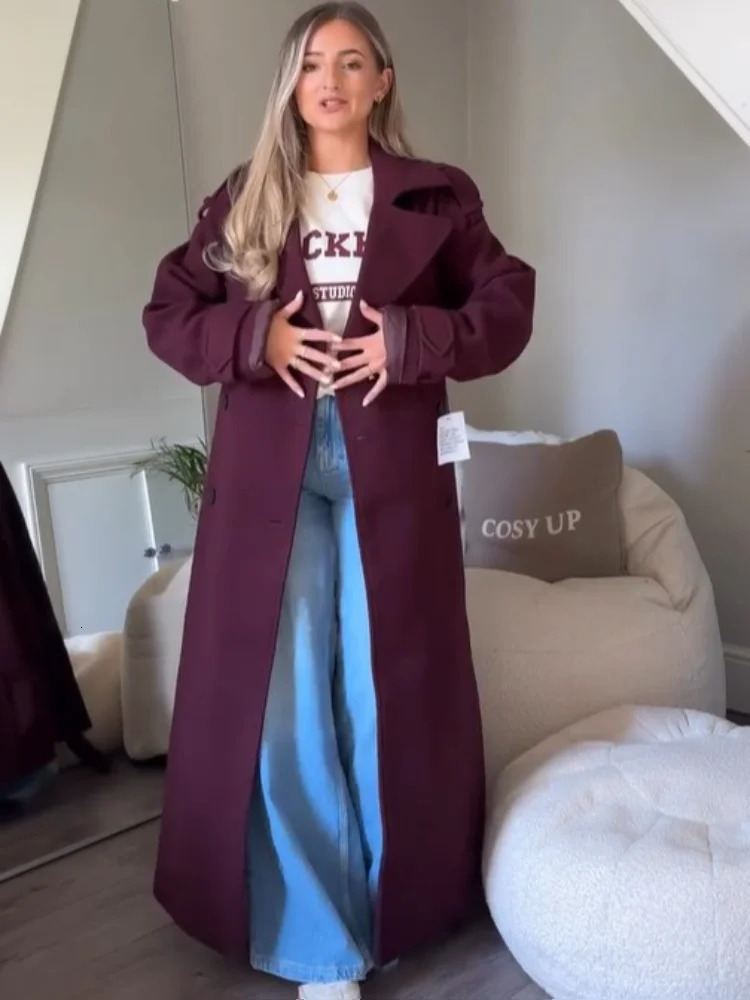 Fashion Wine Red Wool Womens Long Coat Loose Collar Long Sleeve Single Button Coat 2024 Autumn/Winter Elegant Street Clothing 241111
