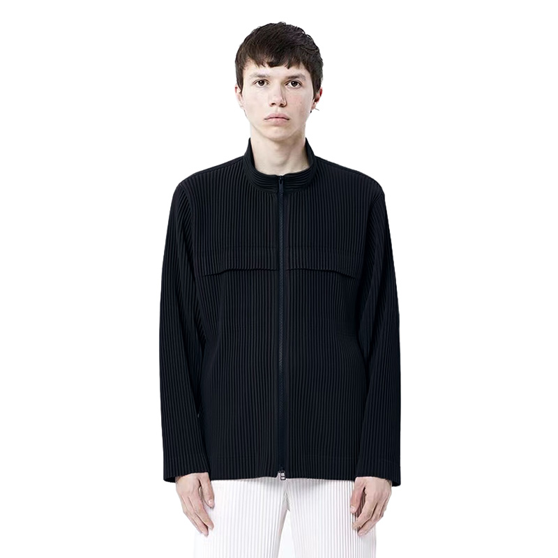 Miyake Pleated Men Jacket 2023 Spring New Solid Color Stand-up Collar Cardigan Zipper Coat
