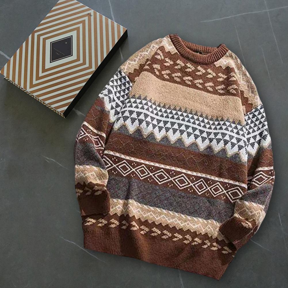 Knitted Striped Vintage Sweater Pullover Men Sweater Casual Men's Sweater O-Neck Long Sleeves Retro Striped Print Sweater Jumper