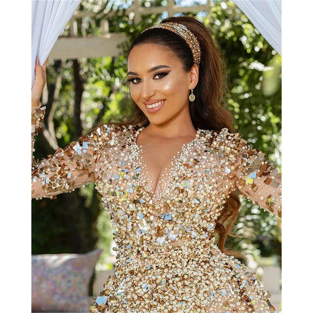 Exquisite Women Mermaid Wedding V-neck Long Sleeves Pearls Sequined Gowns Elegant Beading Court Train Bride Dress