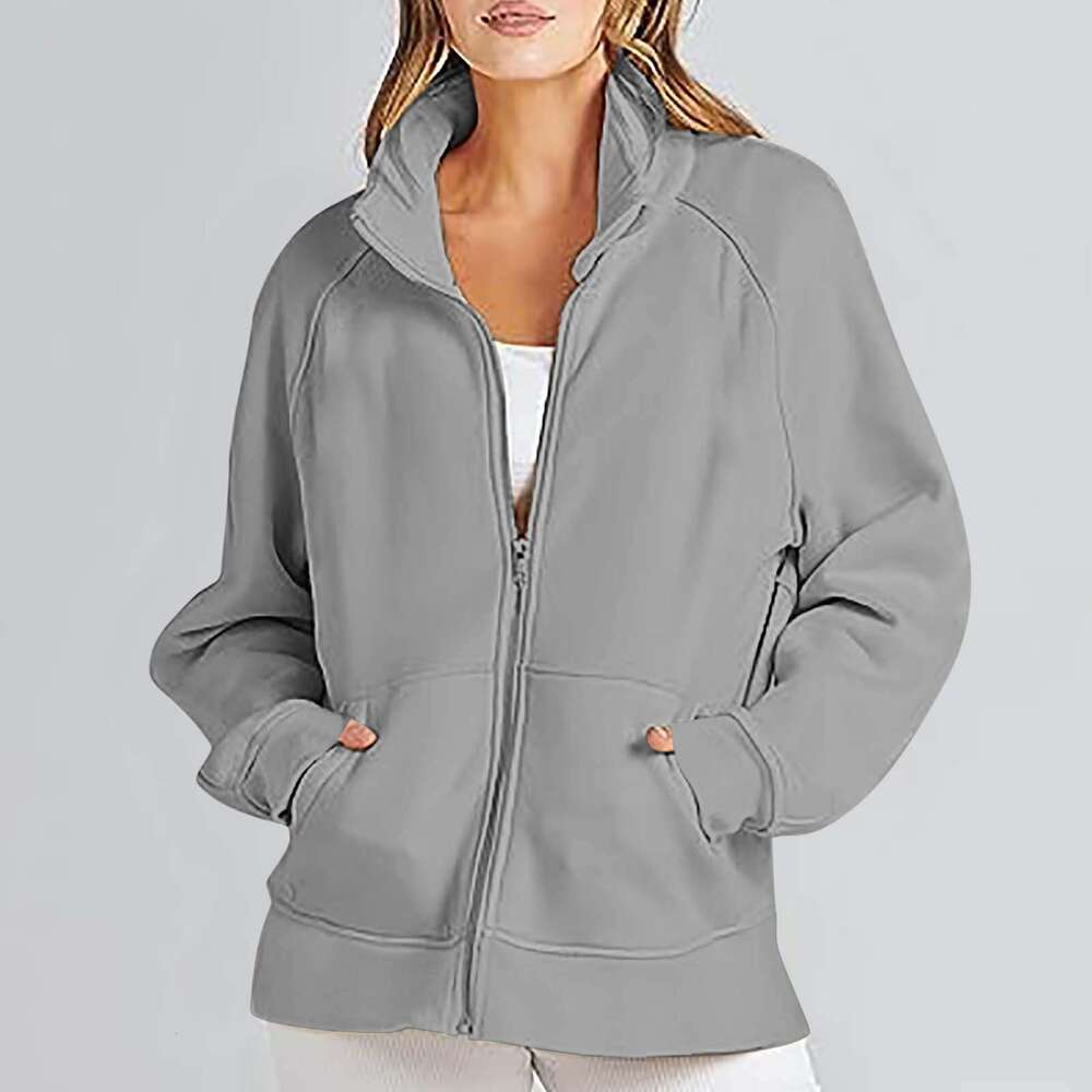 shanshi leather jacket women Autumn and Winter 2023 Pocket Insert Long Zipper Sports Sweater Women's Loose Casual Coat ()