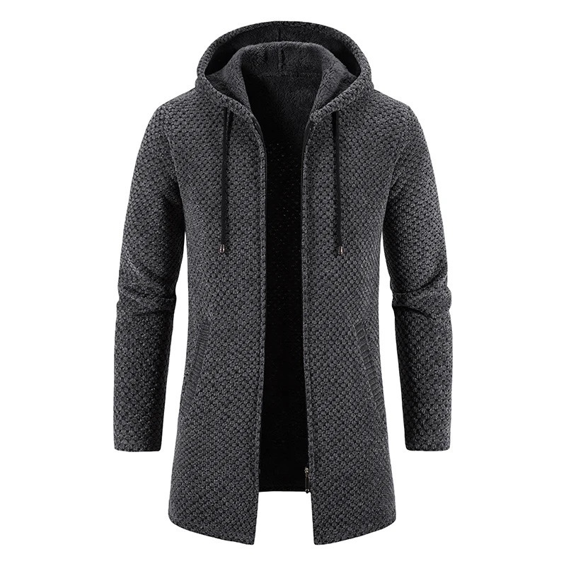 Mens Winter Trench Coat Long Knit Sweater Jacket Fleece Warm Hoodies Beige Business Casual Cardigan Zipper Jumper Overcoat 241108