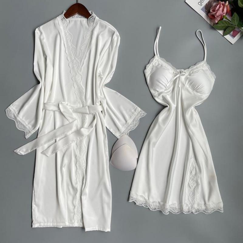 Black Lace Twinset Robe Set Sexy Women Silky Satin Sleepwear Kimono Bathrobe Gown Suit Spring Summer Nightgown Homewear