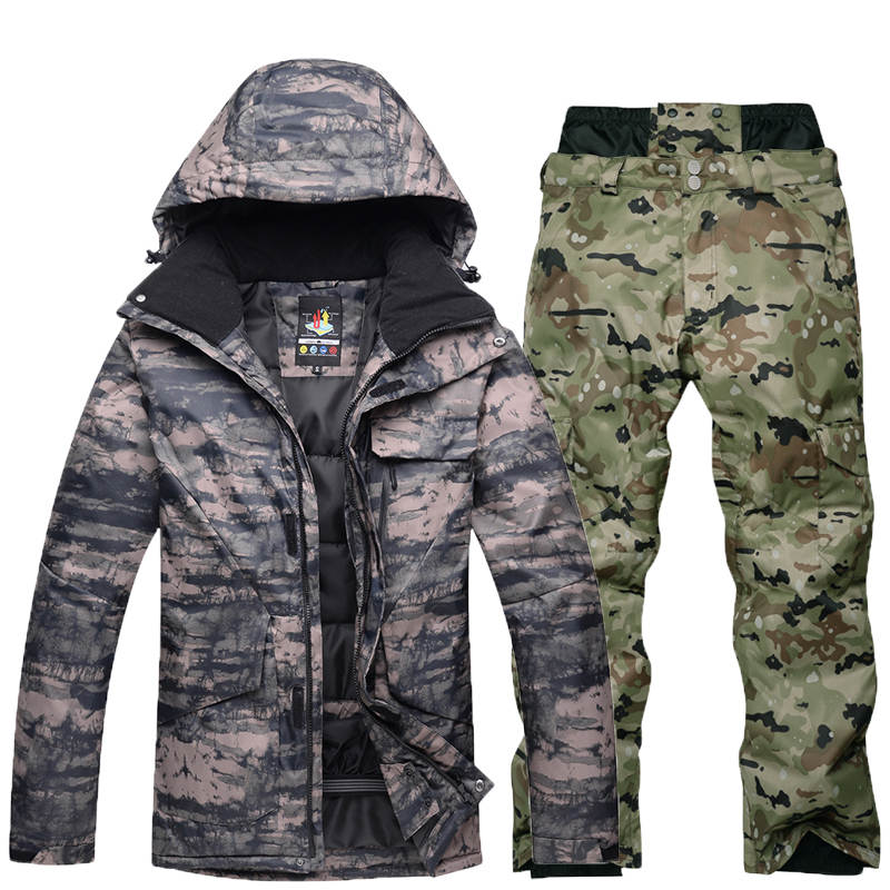 Winter Men's Camouflage Ski Suit Outdoor Sports Snowboarding Wear Windproof Waterproof Breathable Ski Jackets +Thick Warm Pants