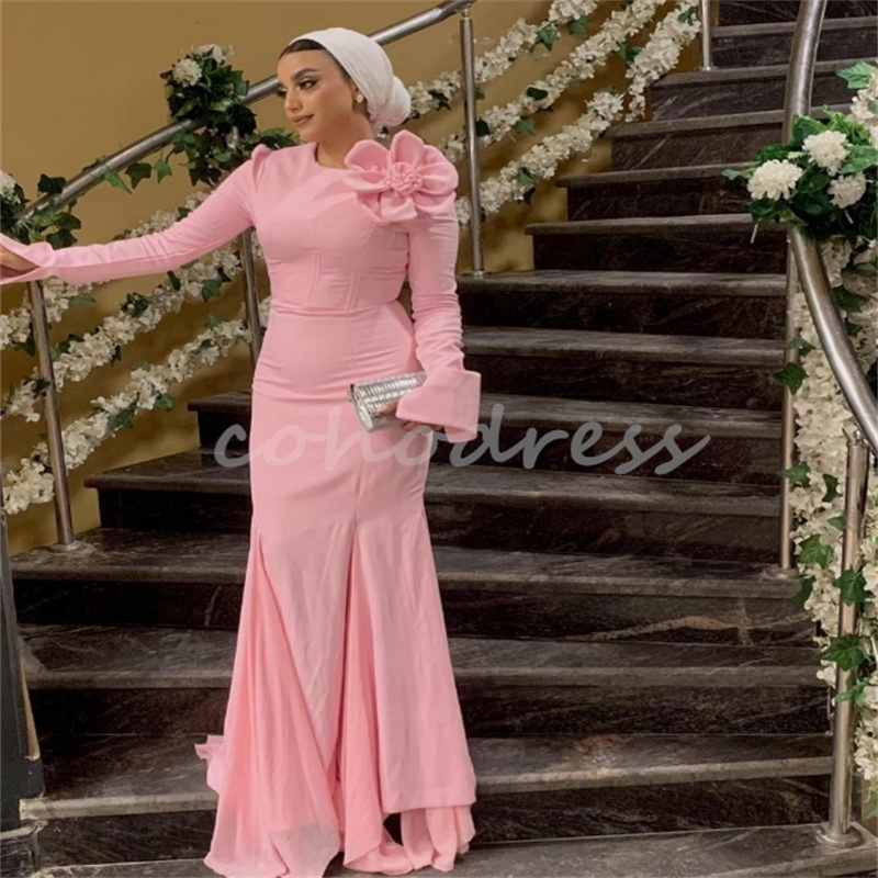 Pink Arabic Mermaid Evening Dress Elegant Long Sleeve Muslim Islamic Dubai Prom Dresses With Flowers Formal Party Charming Engagement Reception Dress 