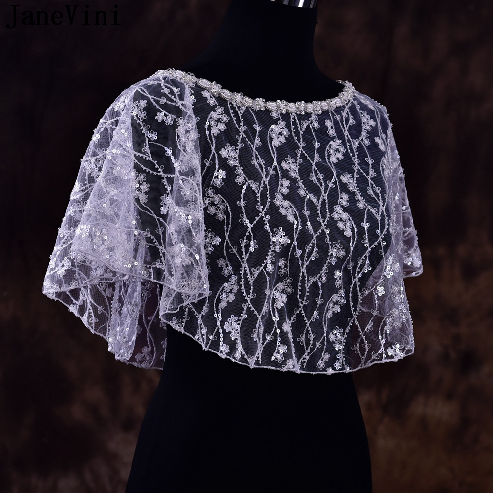 JaneVini Luxury Sequined Wedding Shawl Boleros Sparkly Beaded Pearl Bridal Coat Wraps Party Capes Tulle Lace Flowers Jacket Top