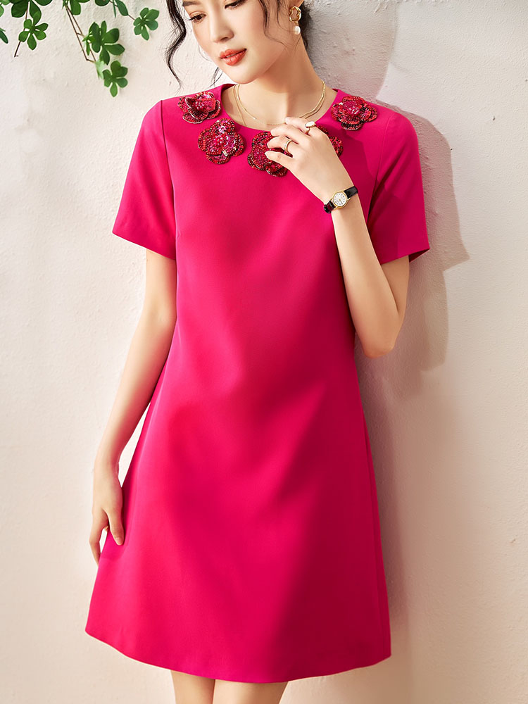 ZJYT Runway Designer Summer Dresses for Women Sequined Floral Party Short Sleeve Simple Vestidos De Fiesta Loose Casual Robe