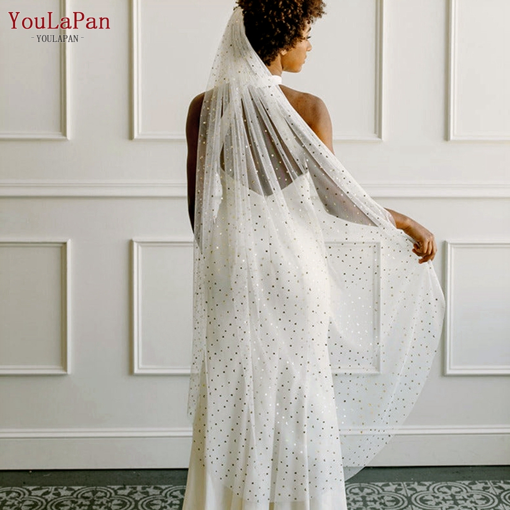 YouLaPan Sparkly Gold Star Draped Wedding Veil Sheer Long Bridal Veils with Comb Long Cathedral Wedding Veil for Bride V184
