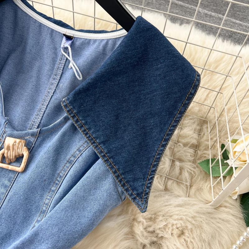 Lanjia- Casual Dresses Designer Denim Dress Women Long Single Breasted Big Turn-Down Collar Waist Slimming Temperament Split A-Line Vestidos 96010