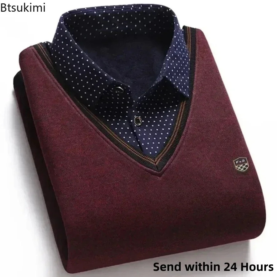 Mens Warm Velvet Padded Shirt Collar Sweater Loose Knit Slim Men Winter Twopiece Male Tops 241111